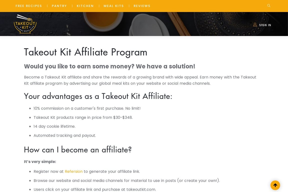 Takeout Kit affiliate program signup page