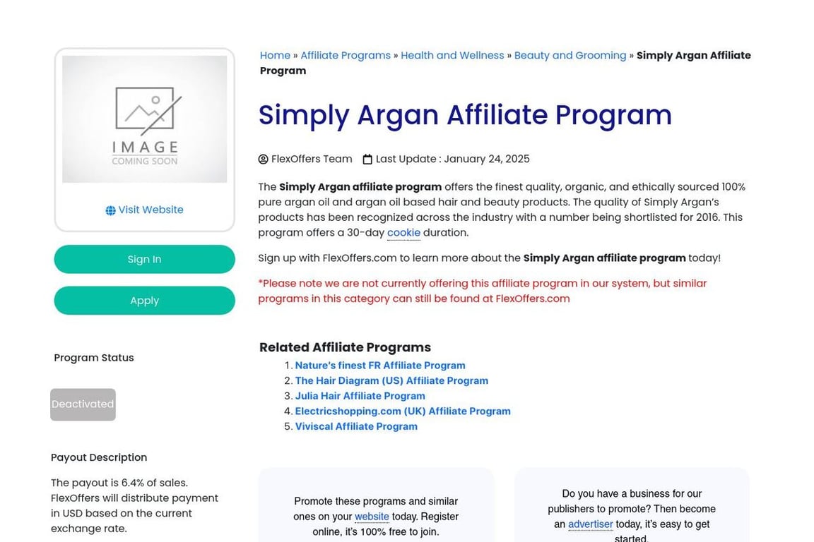 Simply Argan affiliate program signup page
