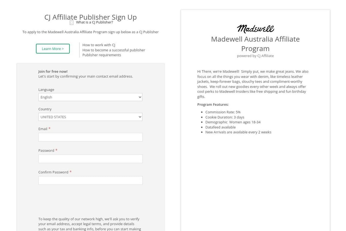 Madewell affiliate program signup page