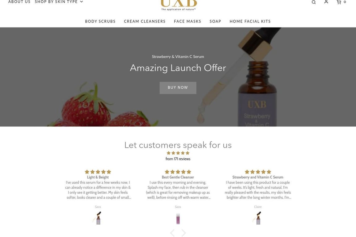 UXB Skincare UK homepage
