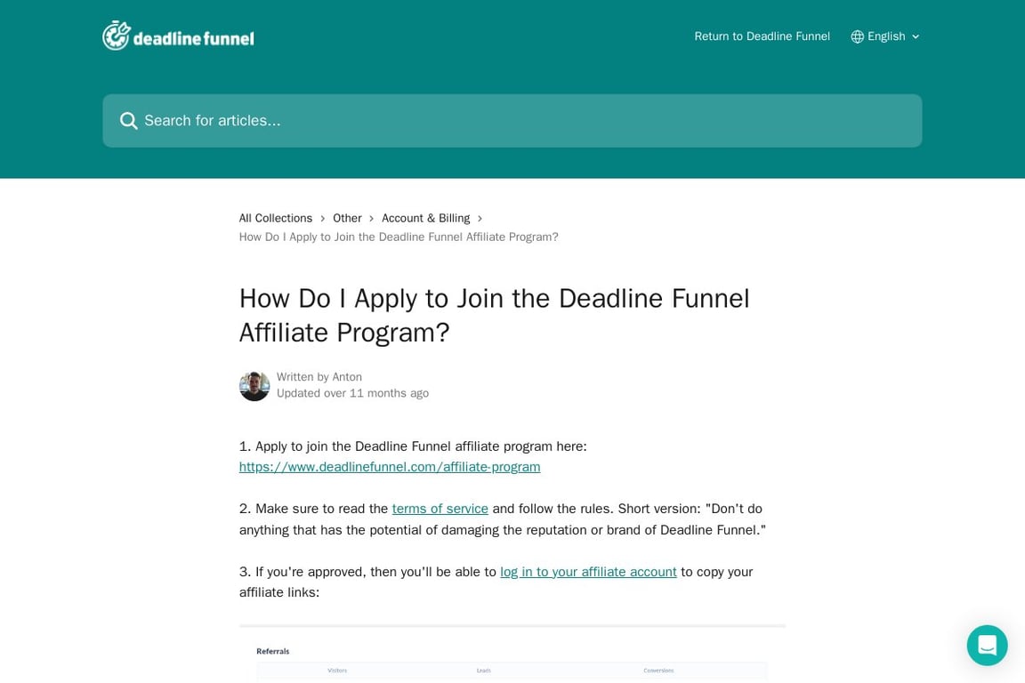 Deadline Funnel affiliate program signup page
