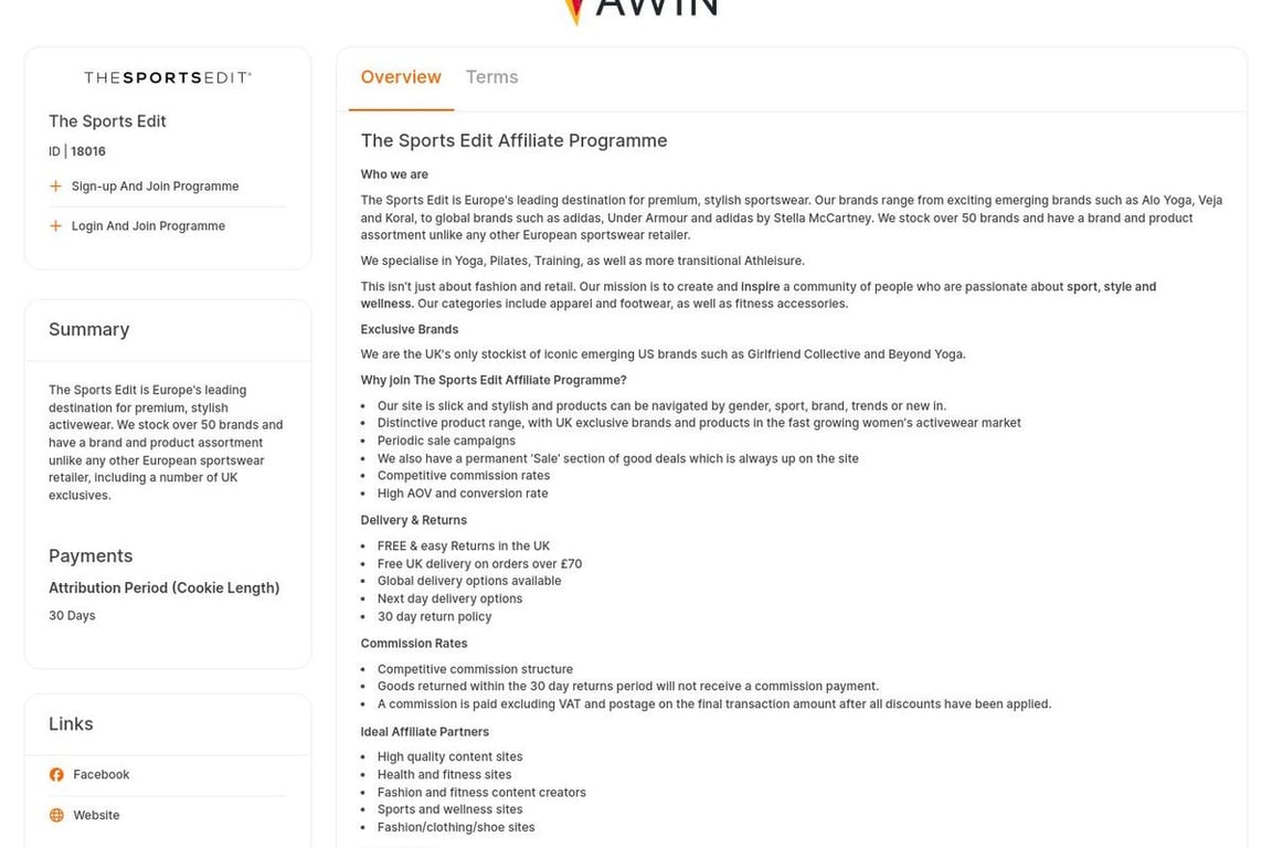 The Sports Edit affiliate program signup page