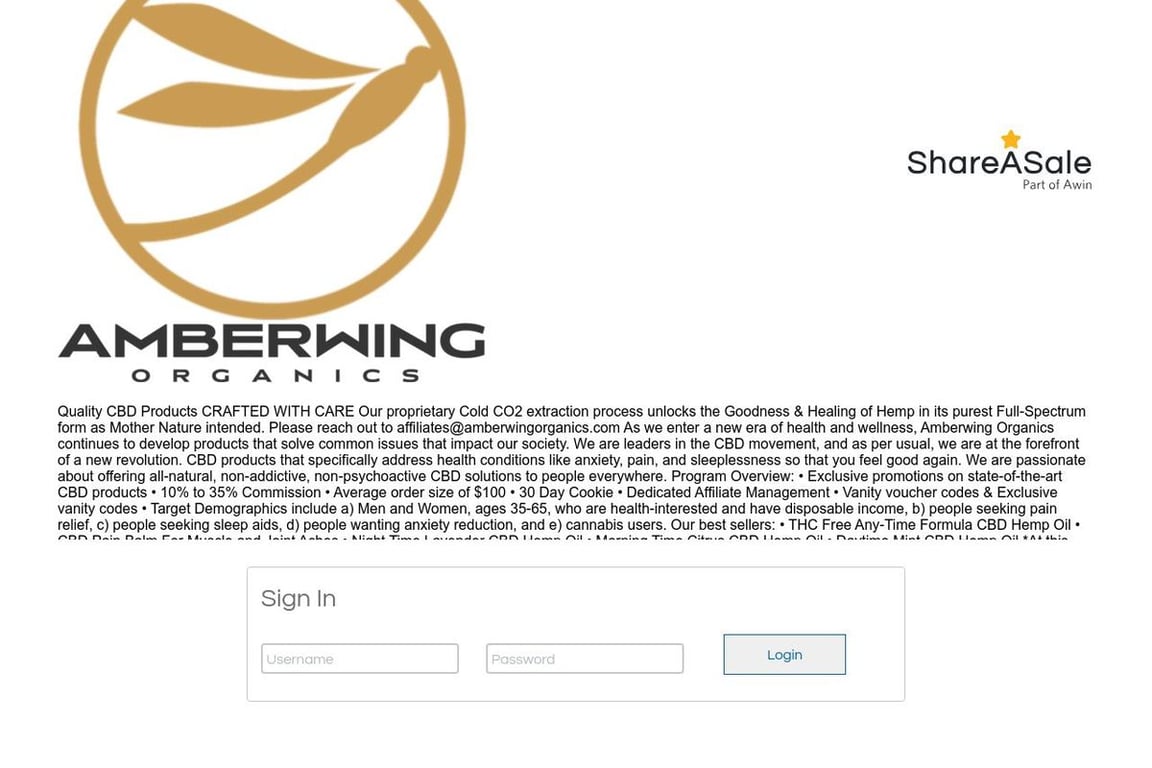 Amberwing Organics affiliate program signup page