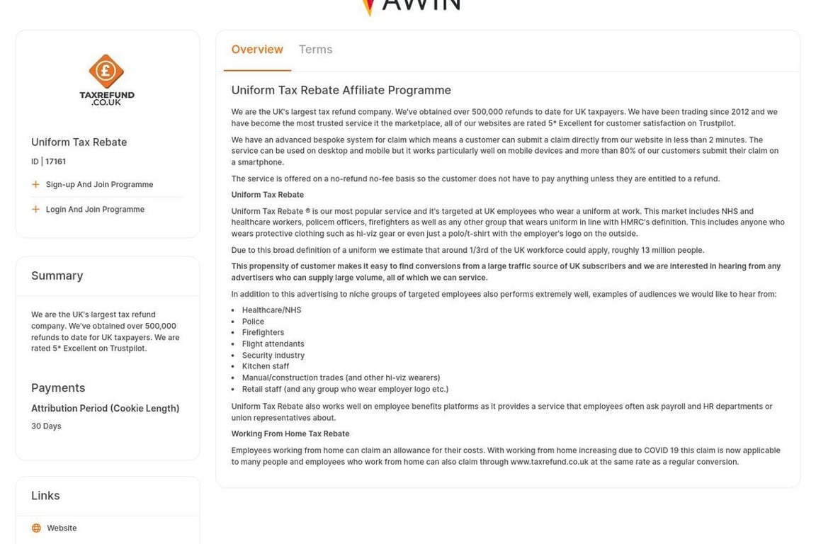 Online Tax Rebates Limited affiliate program signup page