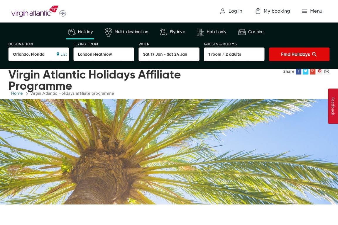 Virgin Holidays affiliate program signup page