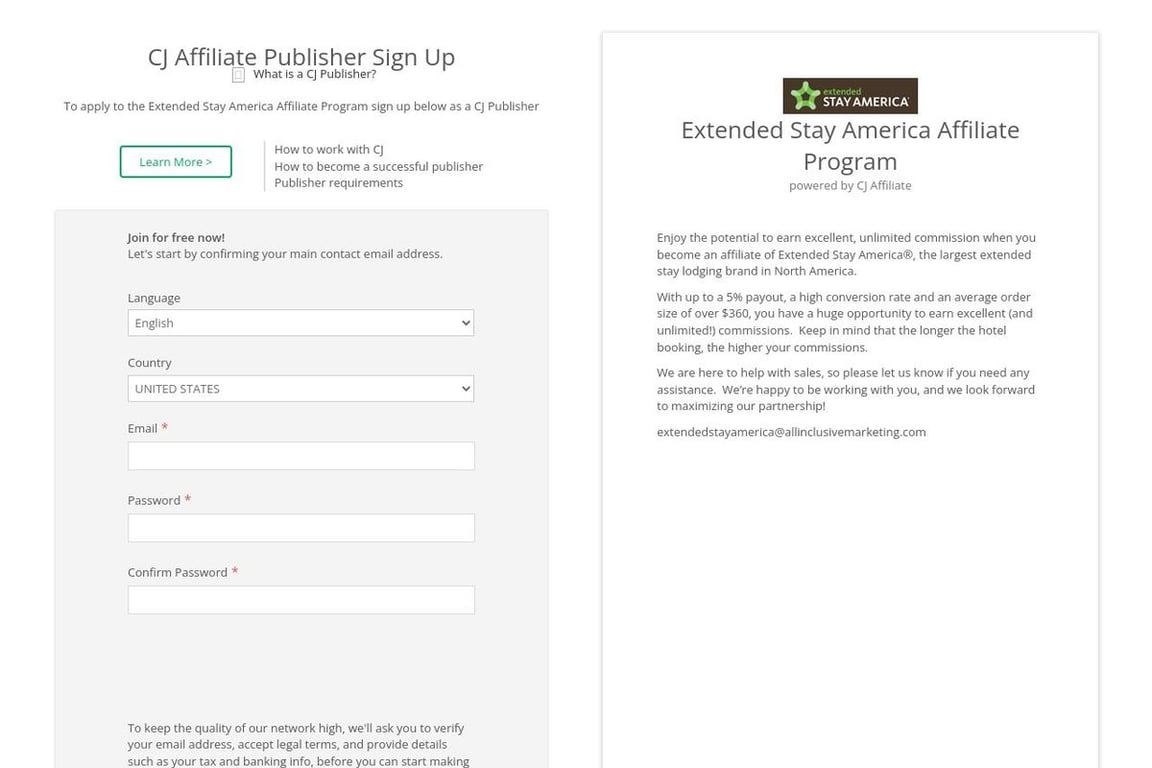 Extended Stay America affiliate program signup page