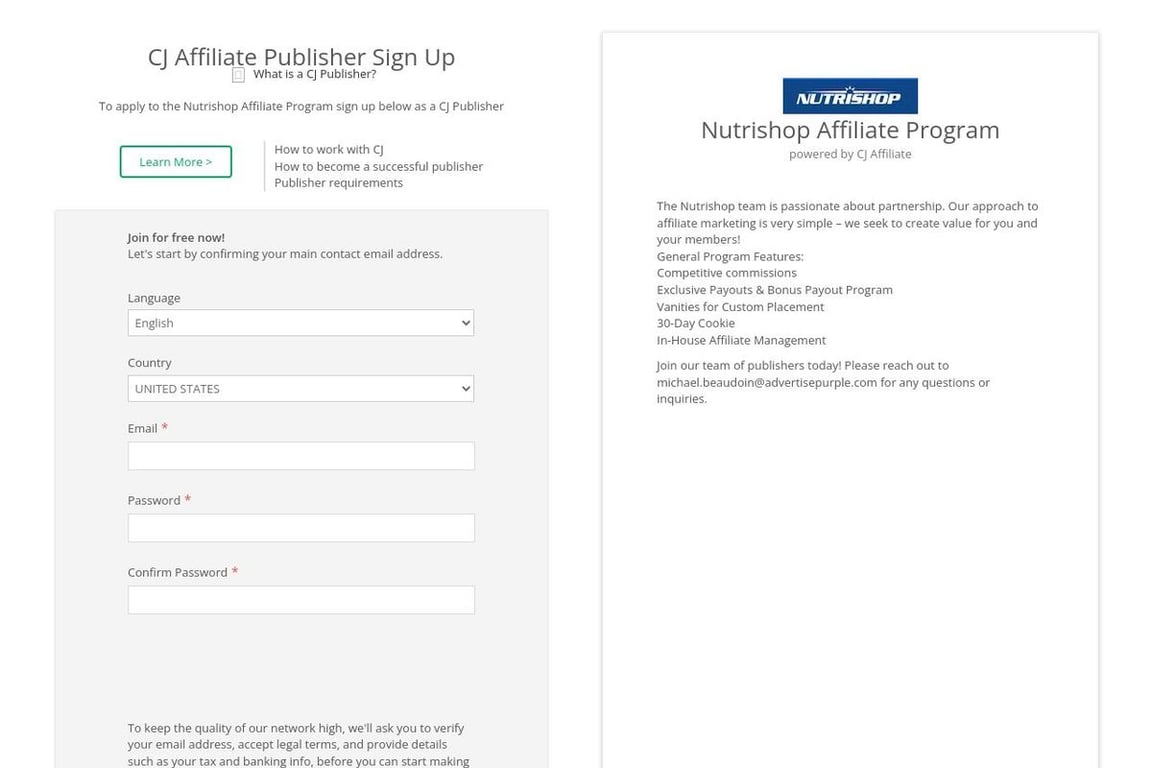 Nutrishop affiliate program signup page