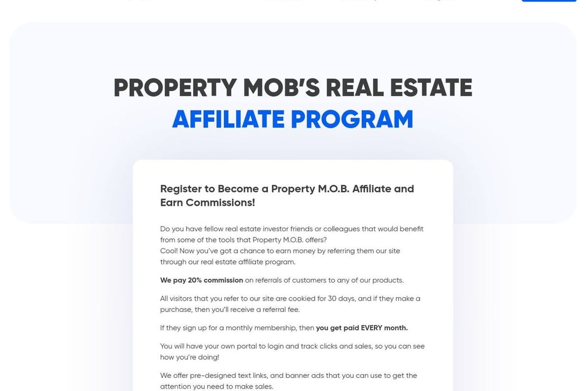 Property MOB affiliate program signup page