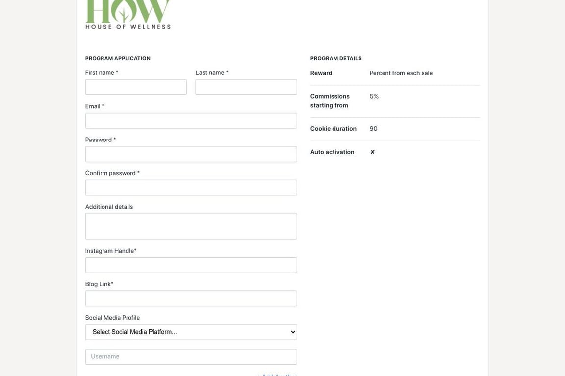 House of Wellness affiliate program signup page