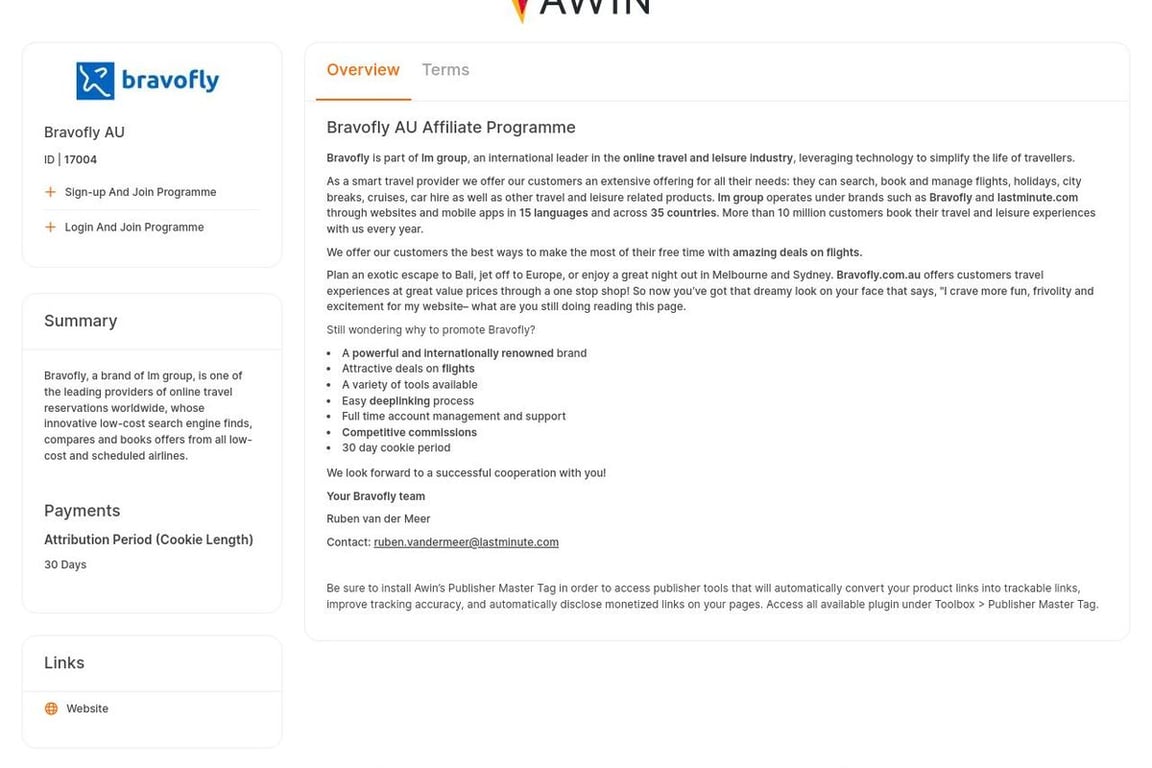 Bravofly AU affiliate program signup page
