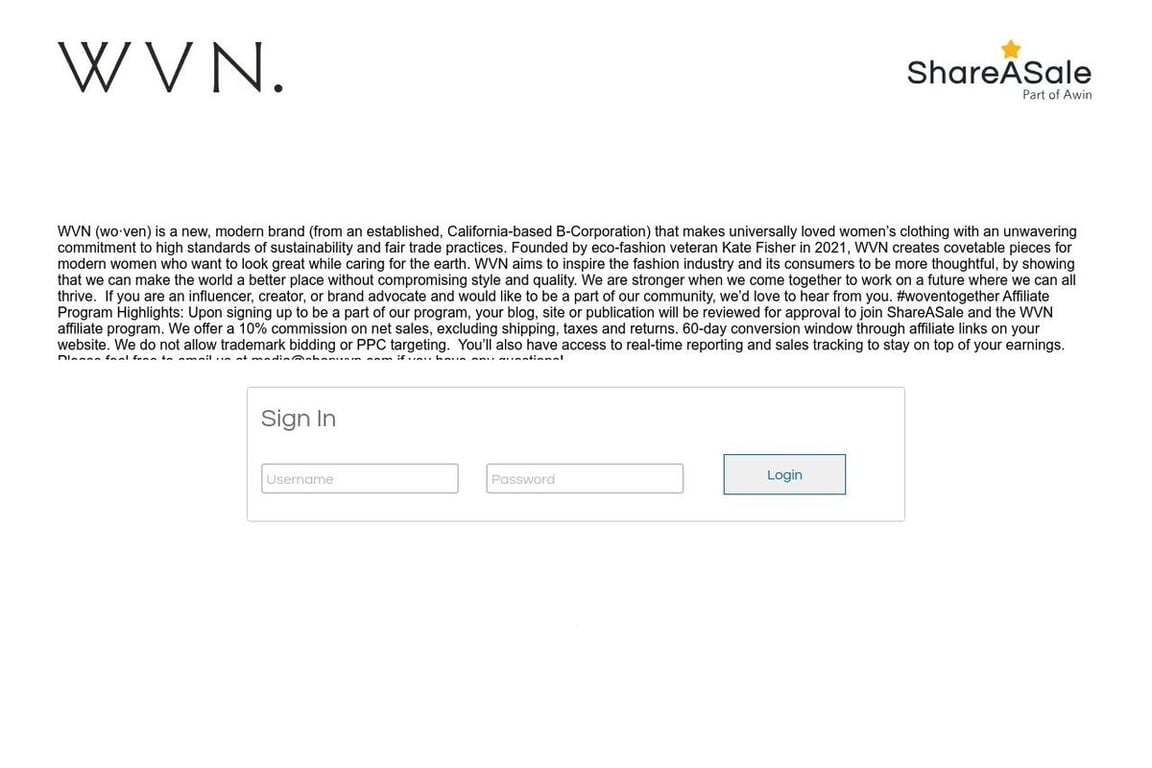 Synergy Organic Clothing affiliate program signup page