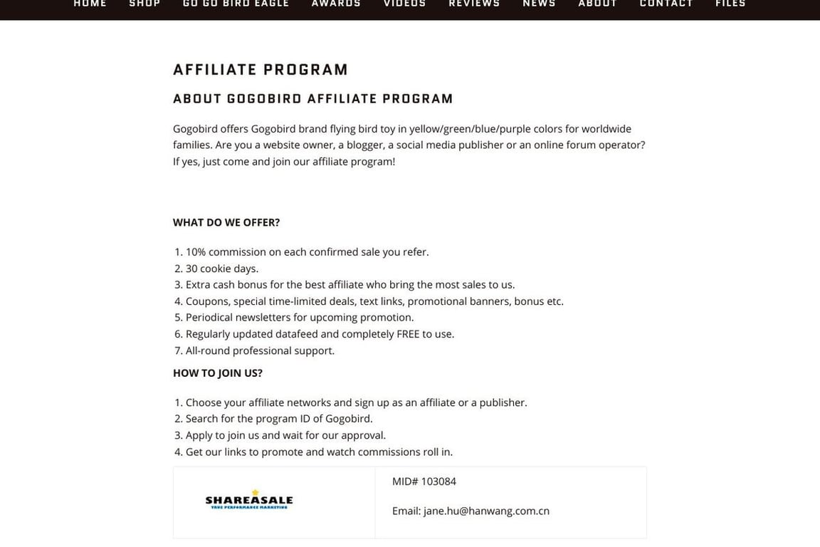 Go Go Bird affiliate program signup page