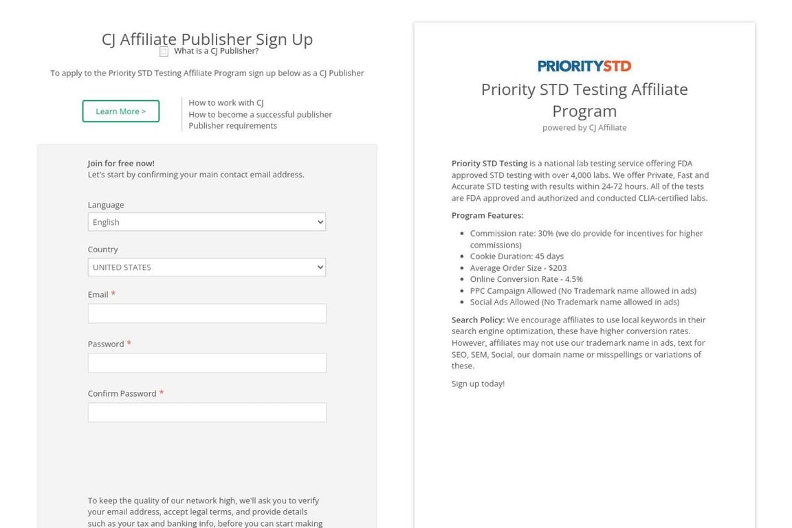 Priority STD Testing affiliate program signup page