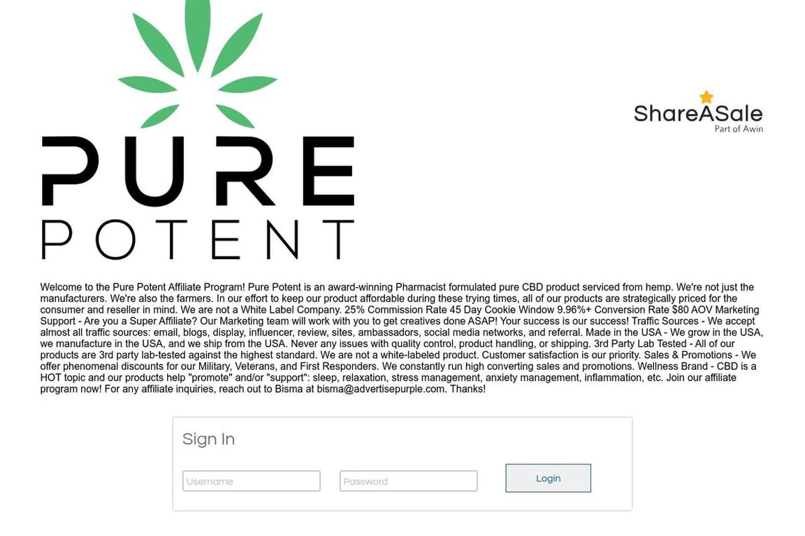 Pure Potent affiliate program signup page