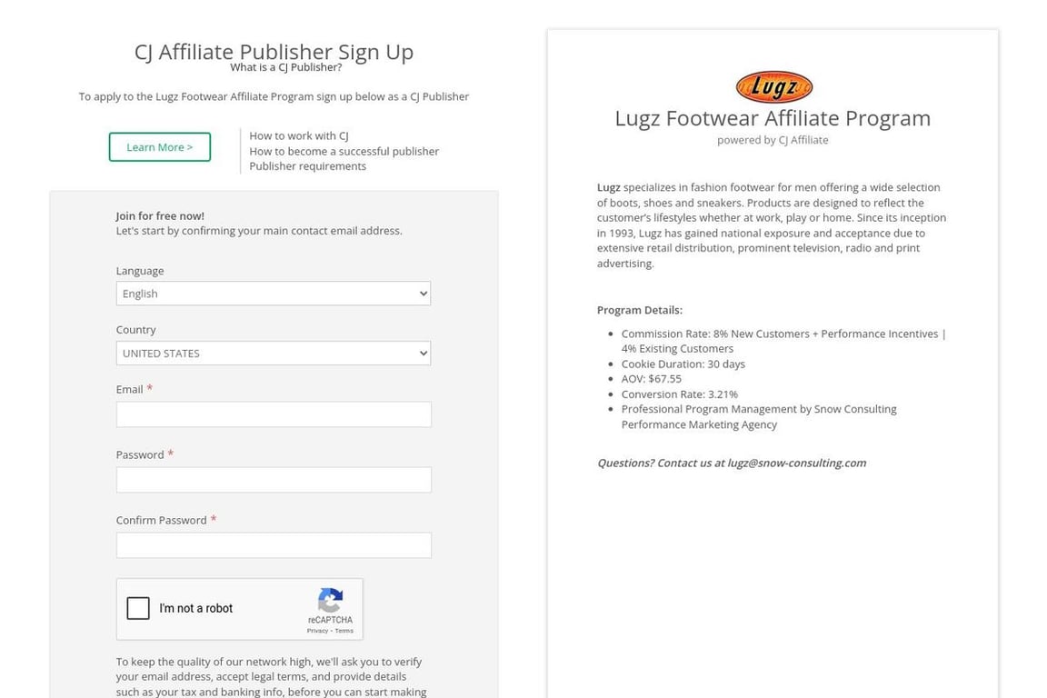 Emerils Footwear affiliate program signup page