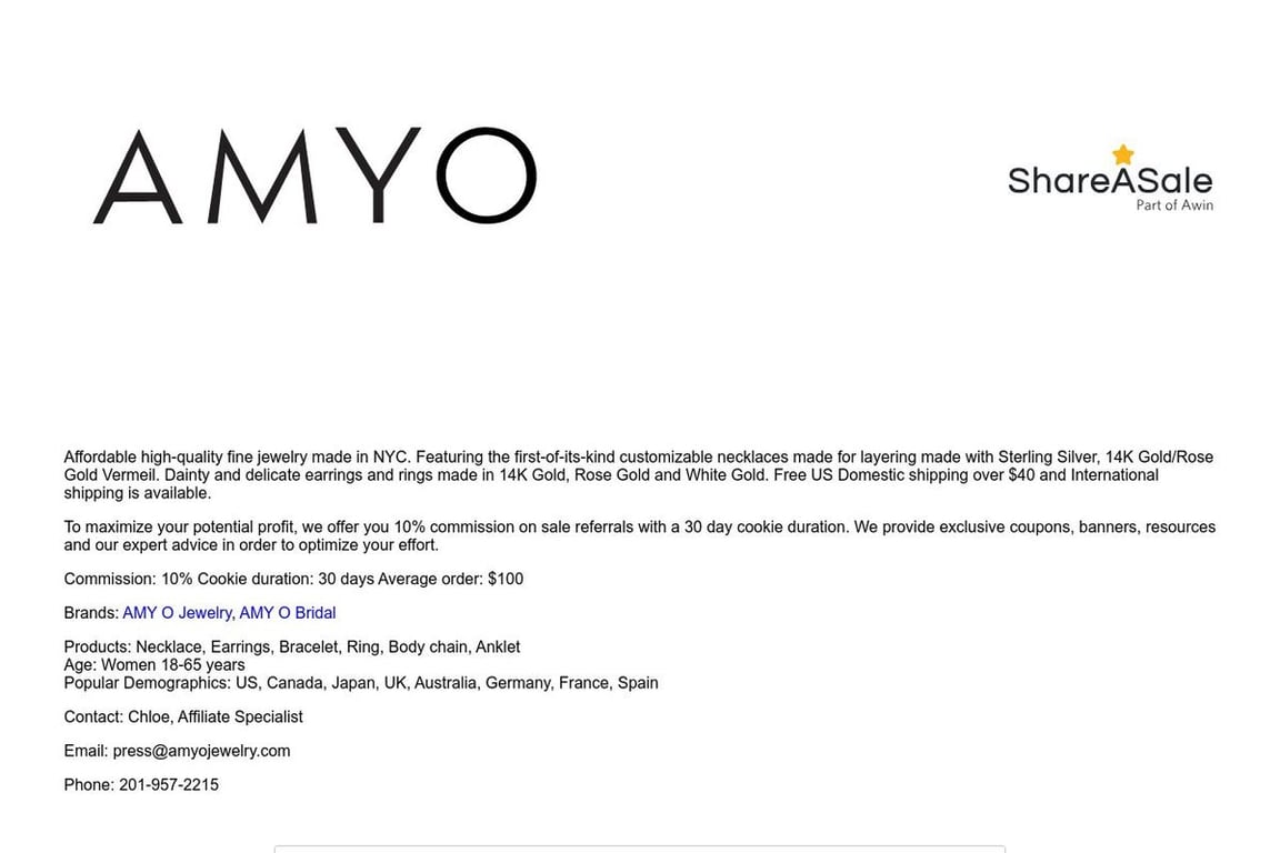 AMY O affiliate program signup page
