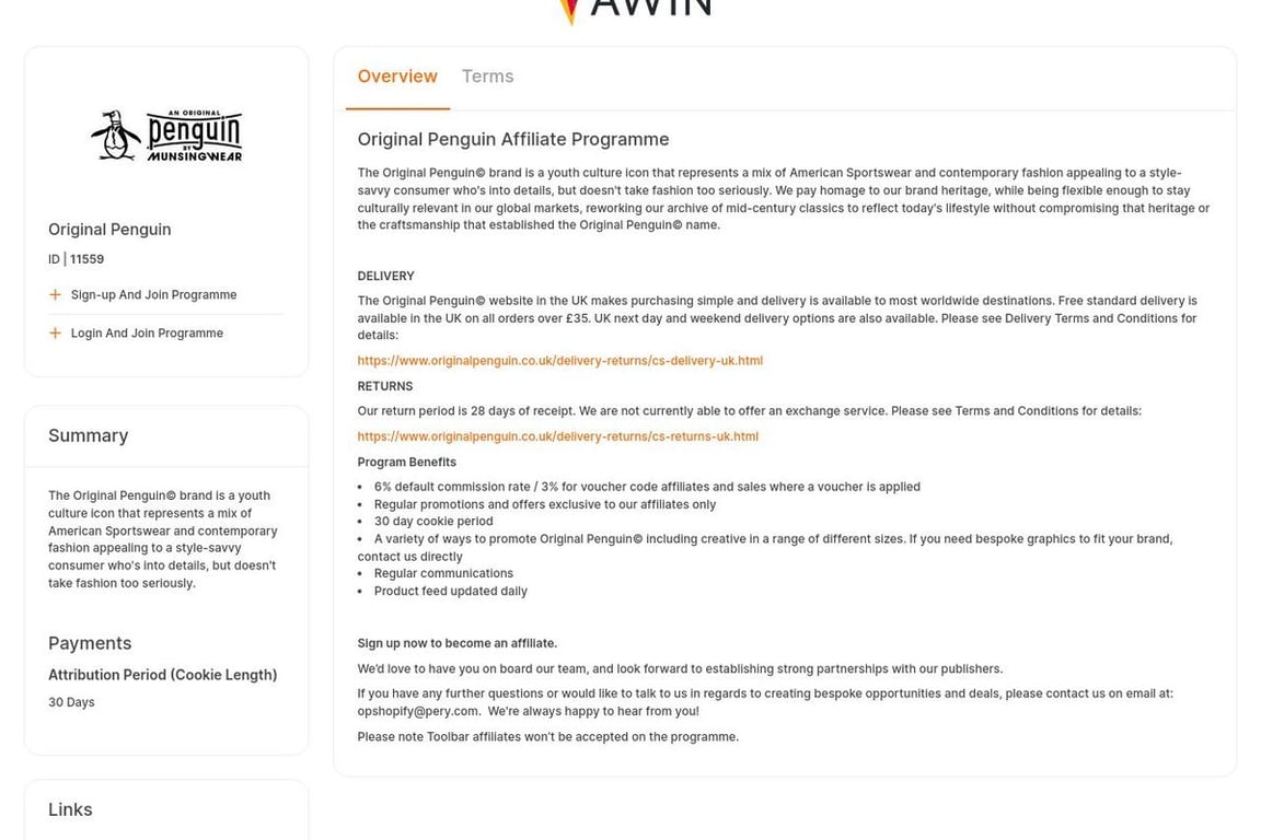 Original Penguin affiliate program signup page