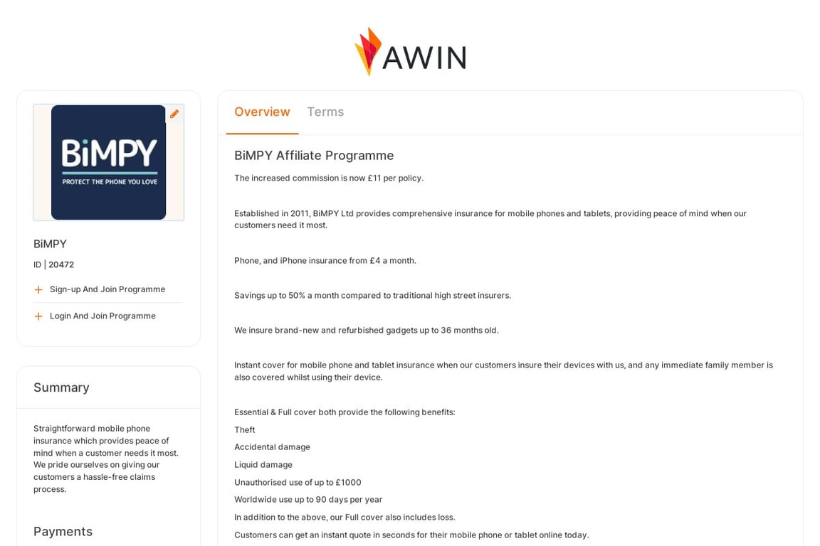 Buy Mobile Phone Insurance affiliate program signup page
