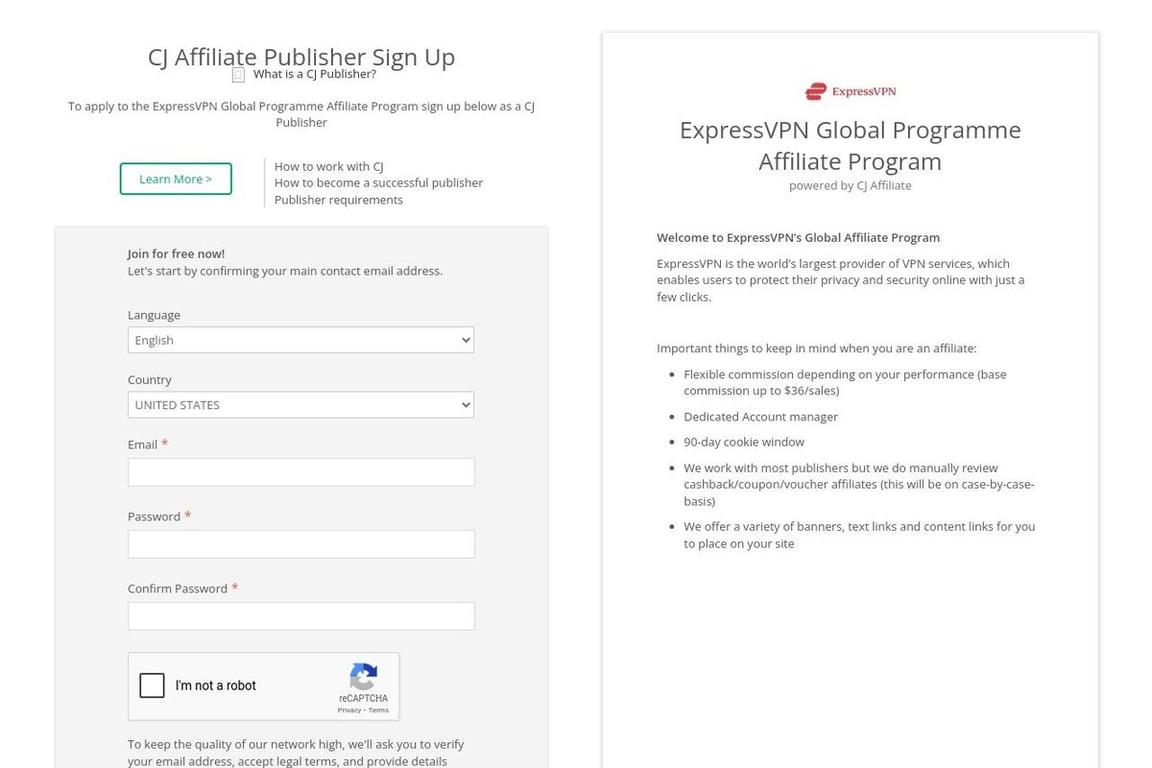 ExpressVPN Global Programme affiliate program signup page