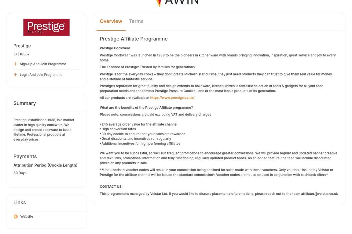 Prestige affiliate program signup page