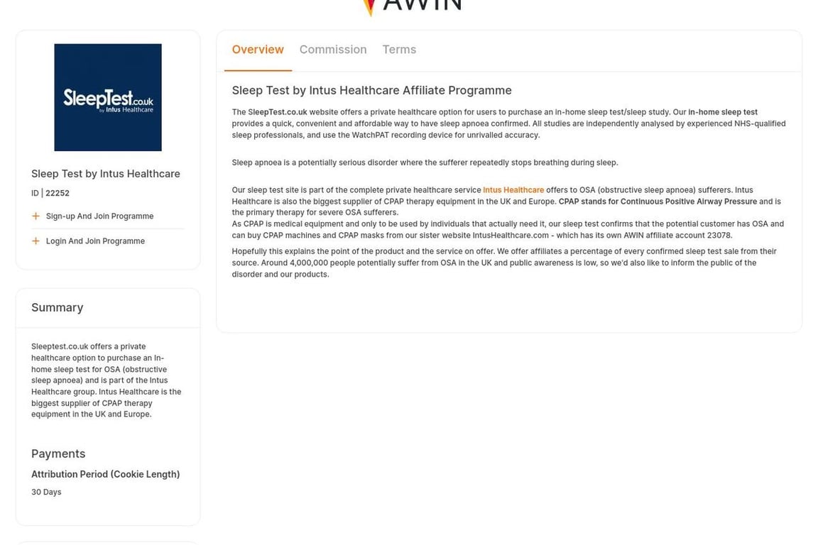 Sleep Test by Intus Healthcare affiliate program signup page