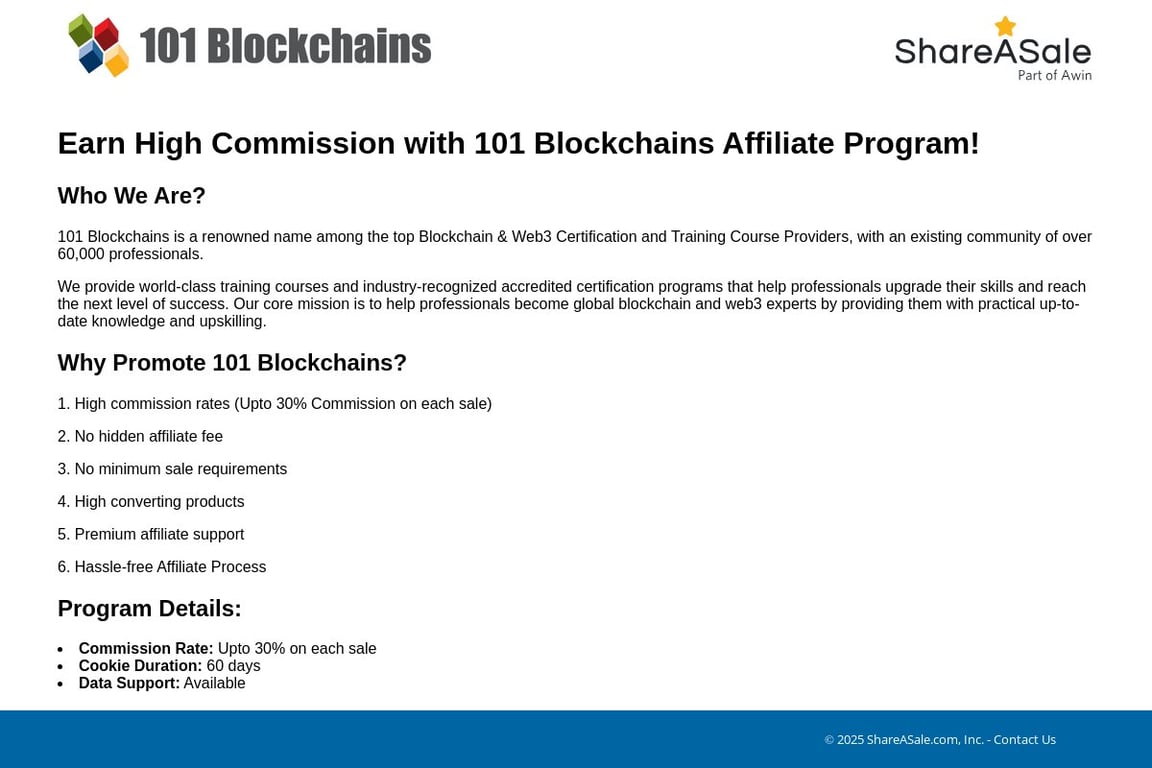 101 Blockchains affiliate program signup page