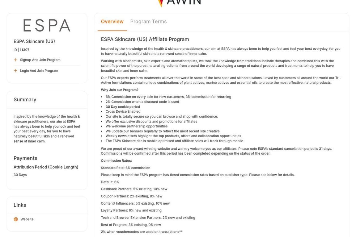 ESPA Skincare affiliate program signup page