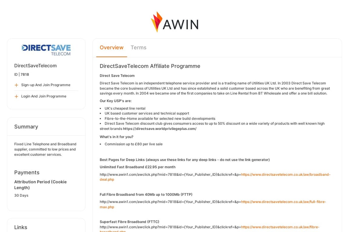 DirectSaveTelecom UK affiliate program signup page