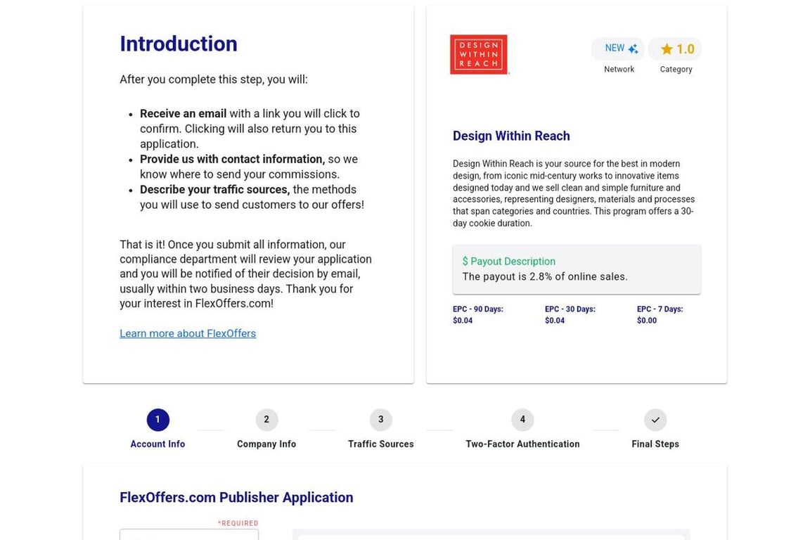 Design Within Reach affiliate program signup page