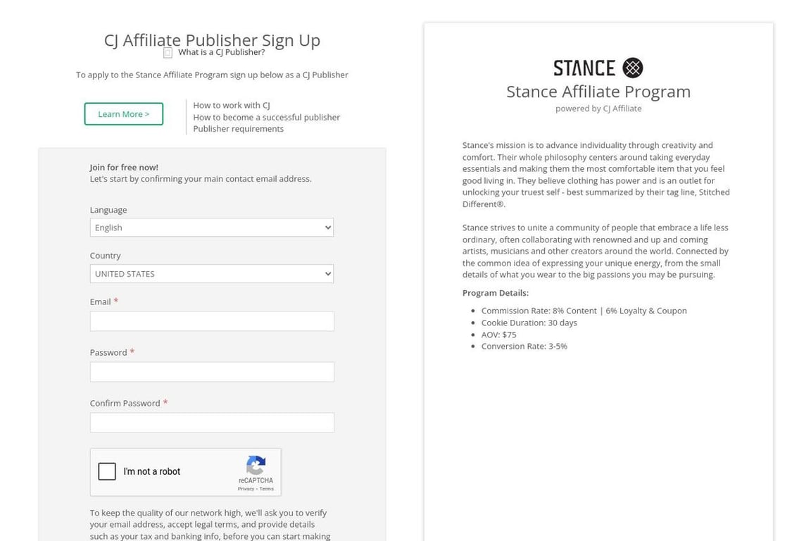 Stance affiliate program signup page