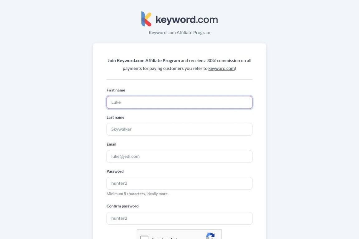 Keyword.com affiliate program signup page