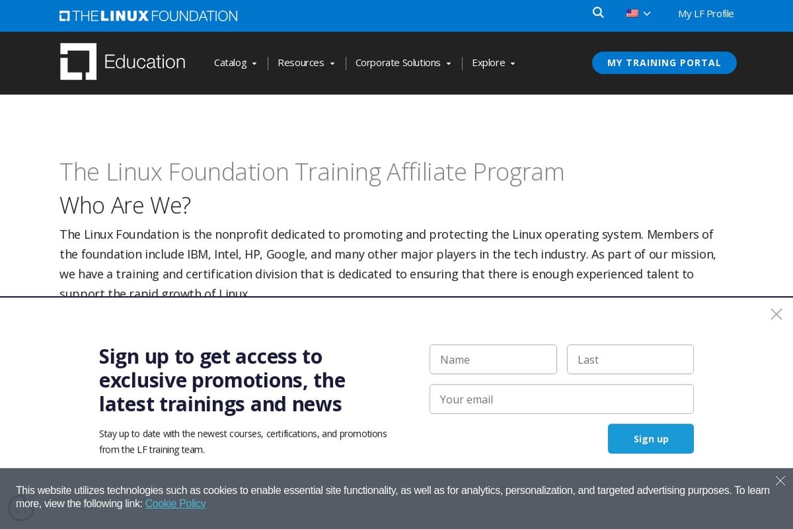 The Linux Foundation Training affiliate program signup page