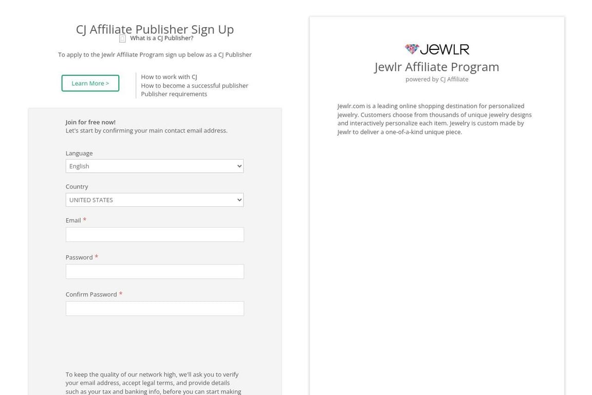 Jewlr affiliate program signup page
