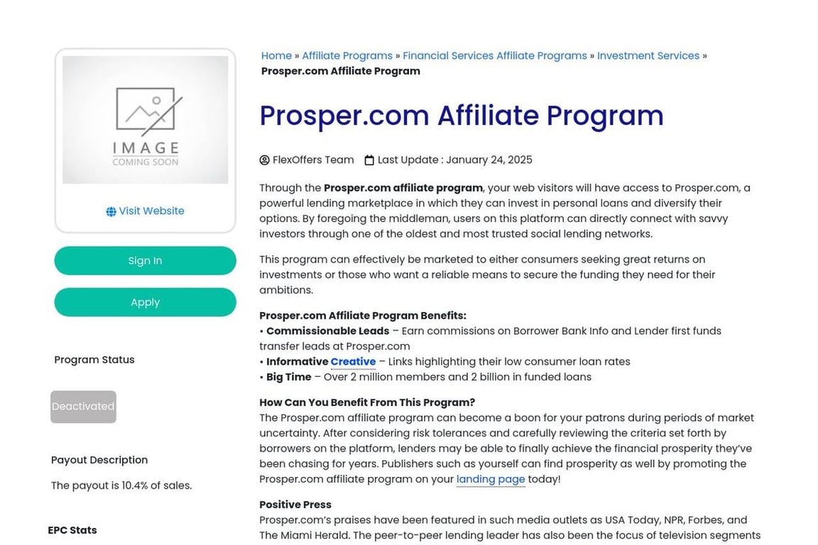 Prosper affiliate program signup page