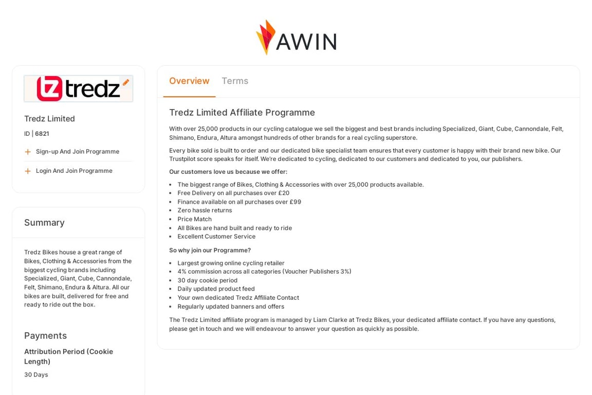 Tredz Limited affiliate program signup page