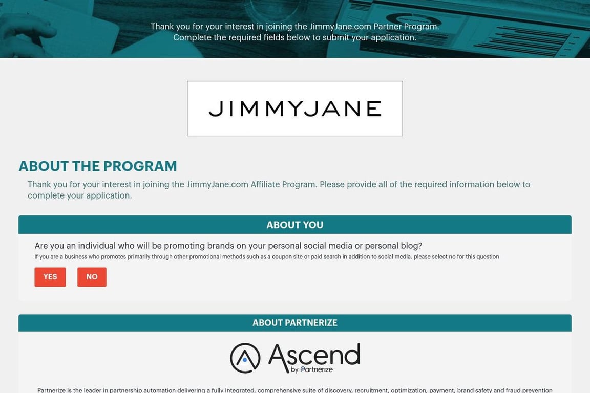 JimmyJane affiliate program signup page