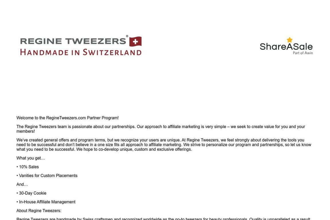 Regine Tweezers affiliate program signup page
