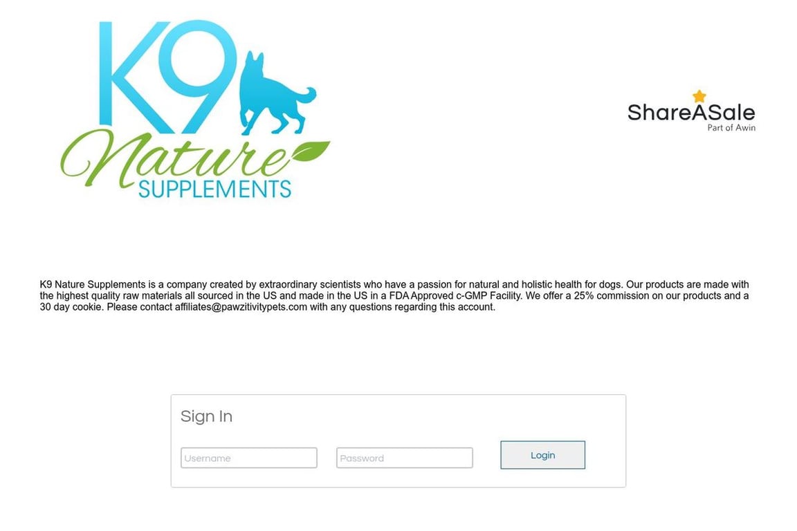 K9 Natural Supplements affiliate program signup page