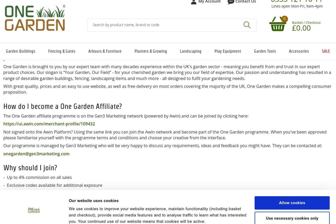 One Garden UK affiliate program signup page