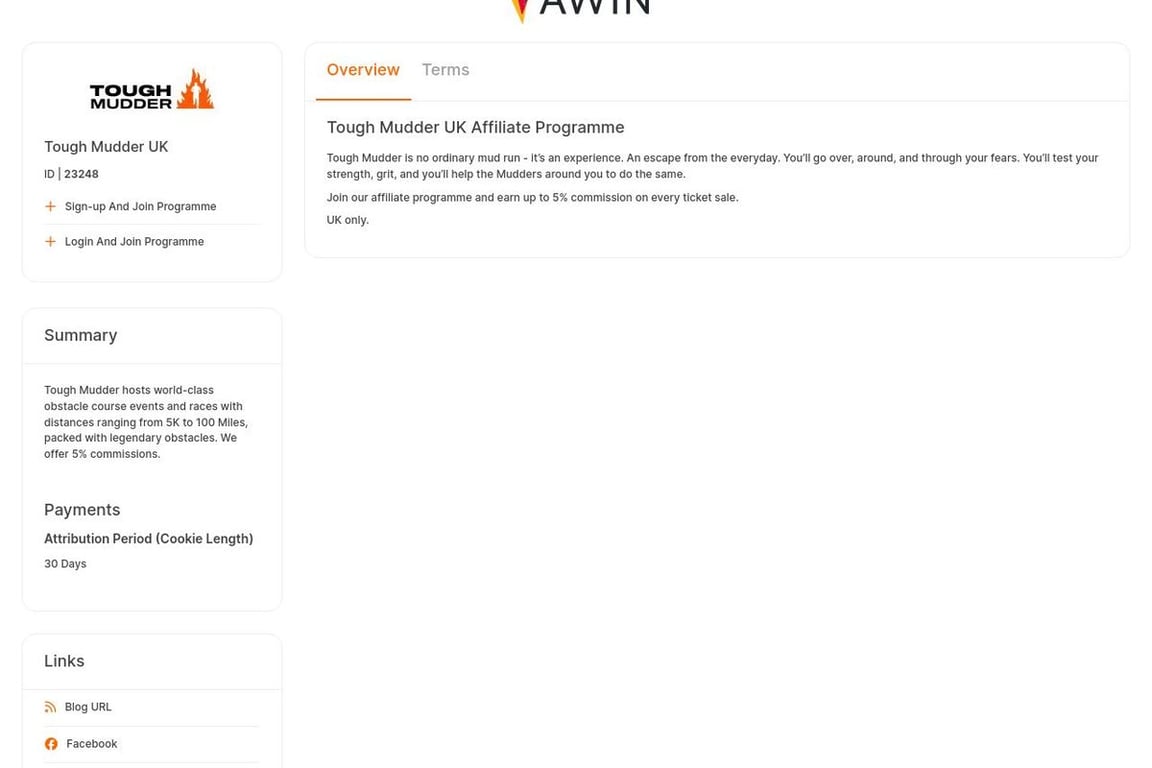 Tough Mudder affiliate program signup page