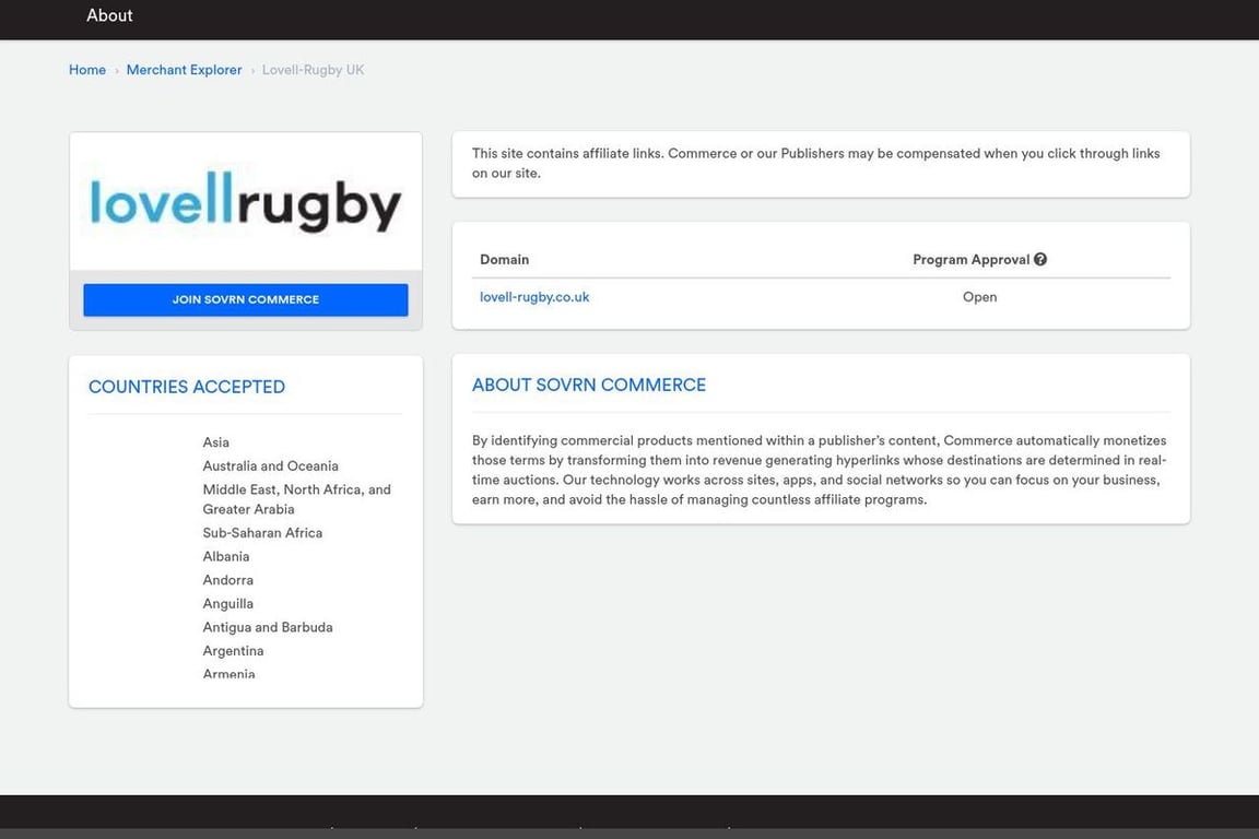 Lovell Rugby affiliate program signup page