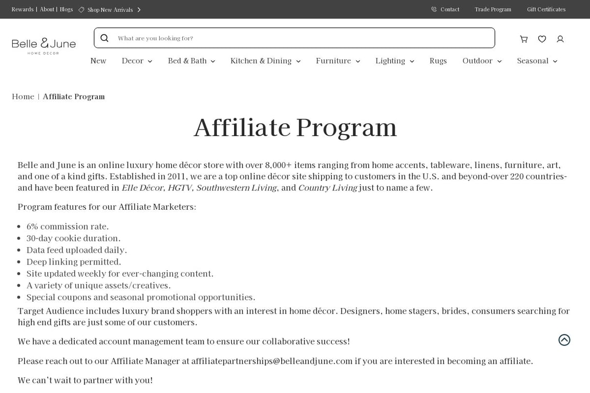 Belle & June affiliate program signup page