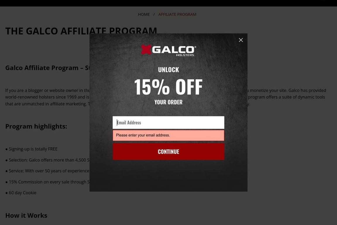 Galco Gunleather affiliate program signup page