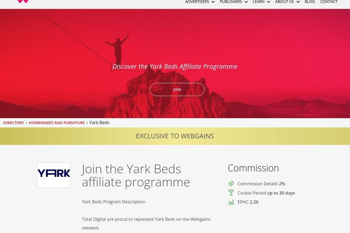 Yark Beds affiliate program signup page