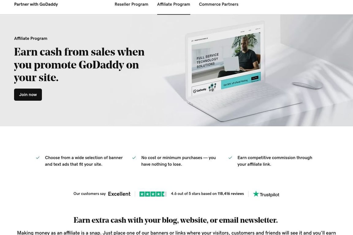 GoDaddy affiliate program signup page