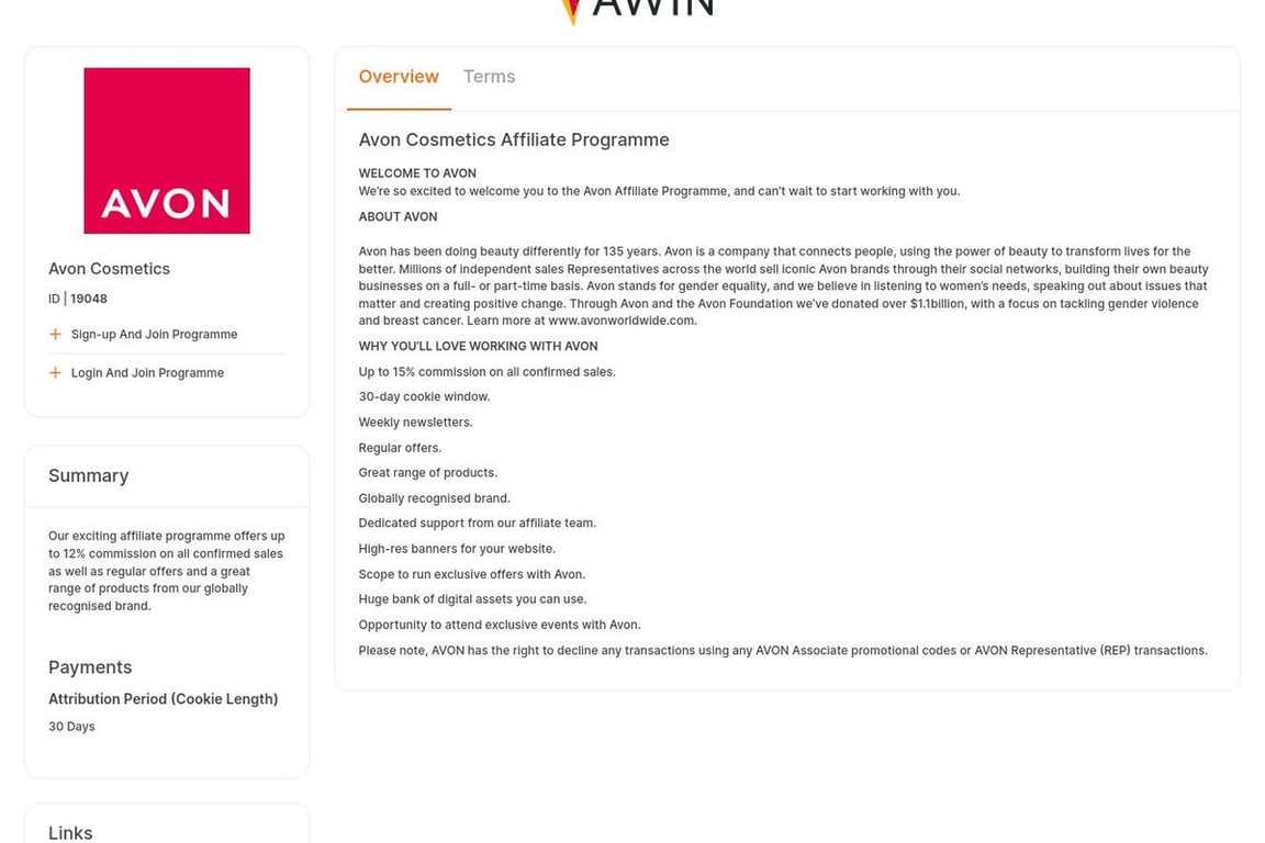 Avon Cosmetics affiliate program signup page