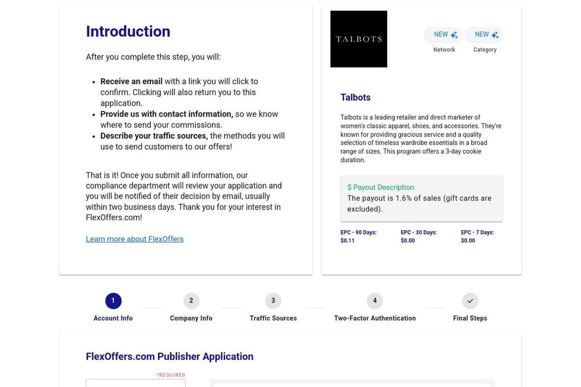 Talbots affiliate program signup page