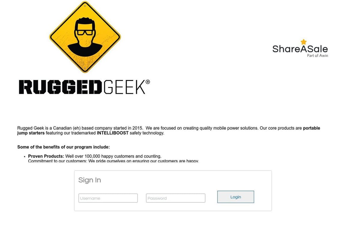 Rugged Geek affiliate program signup page