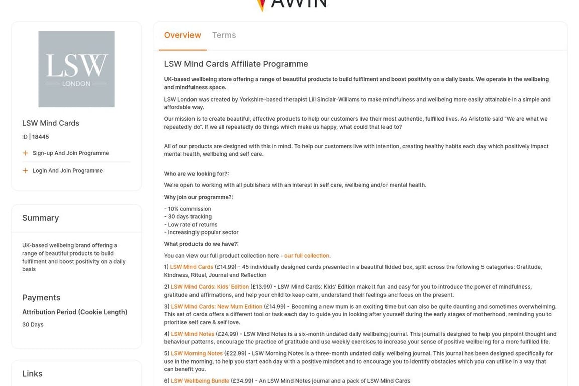 LSW Mind Cards affiliate program signup page