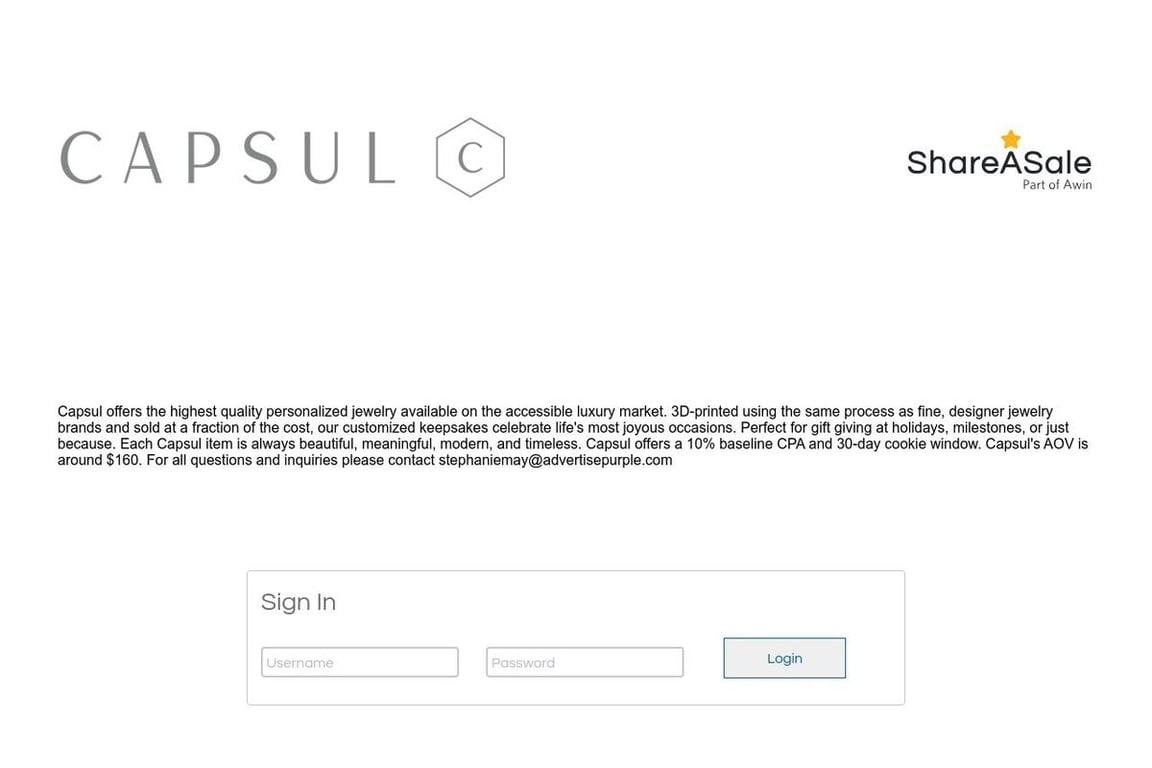 Capsul Jewelry affiliate program signup page